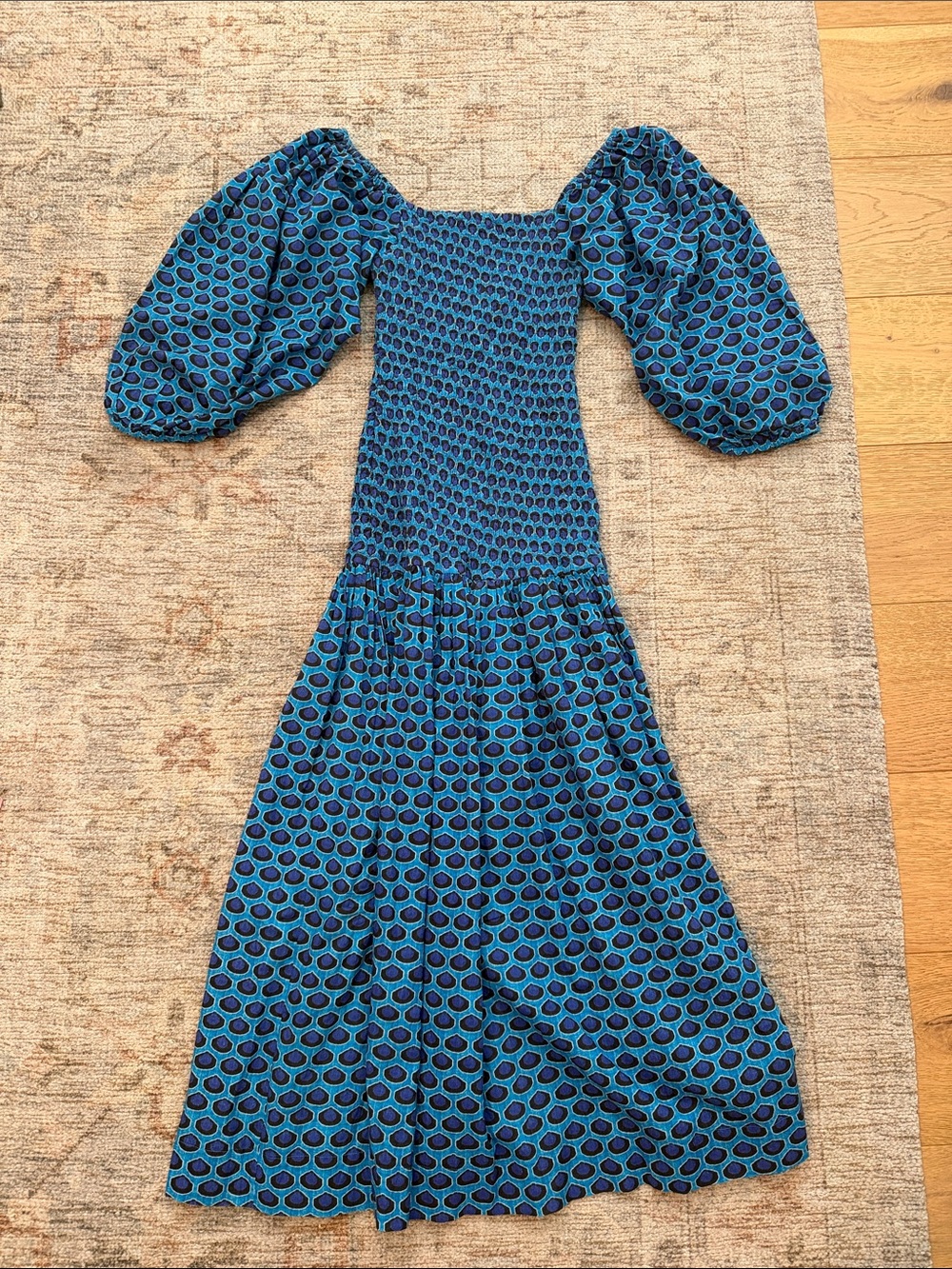RHODE Blue Harper Puff-Sleeve Smocked Midi Dress